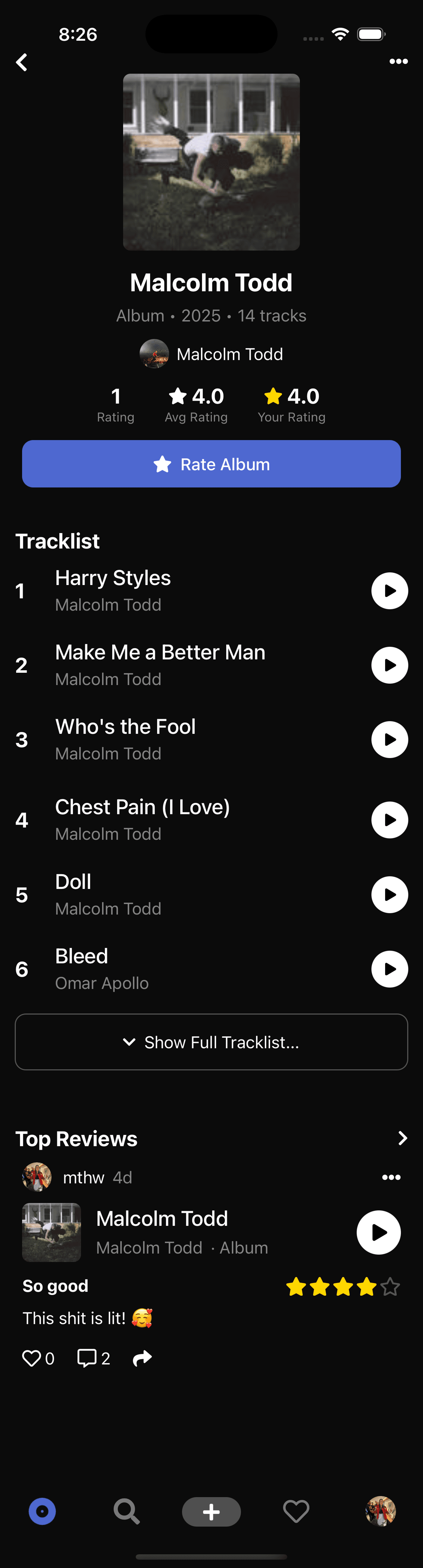 Detailed album view with tracklist and reviews